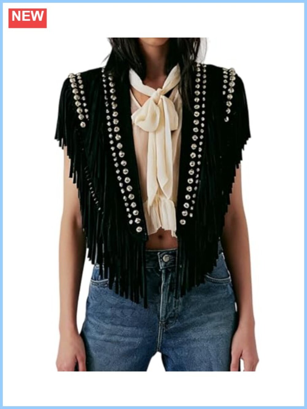 Faux Suede Studded Fringe Vest Open Front Tassel Poncho Western Wrap